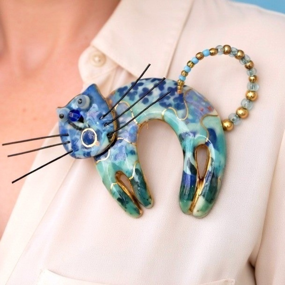 Vintage Cat Brooch Pin Signed Blue Cynthia Chuang Jewelry 10 Articulated Beaded